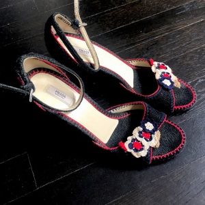 Prada Black Wedge Heels Knit Flowers